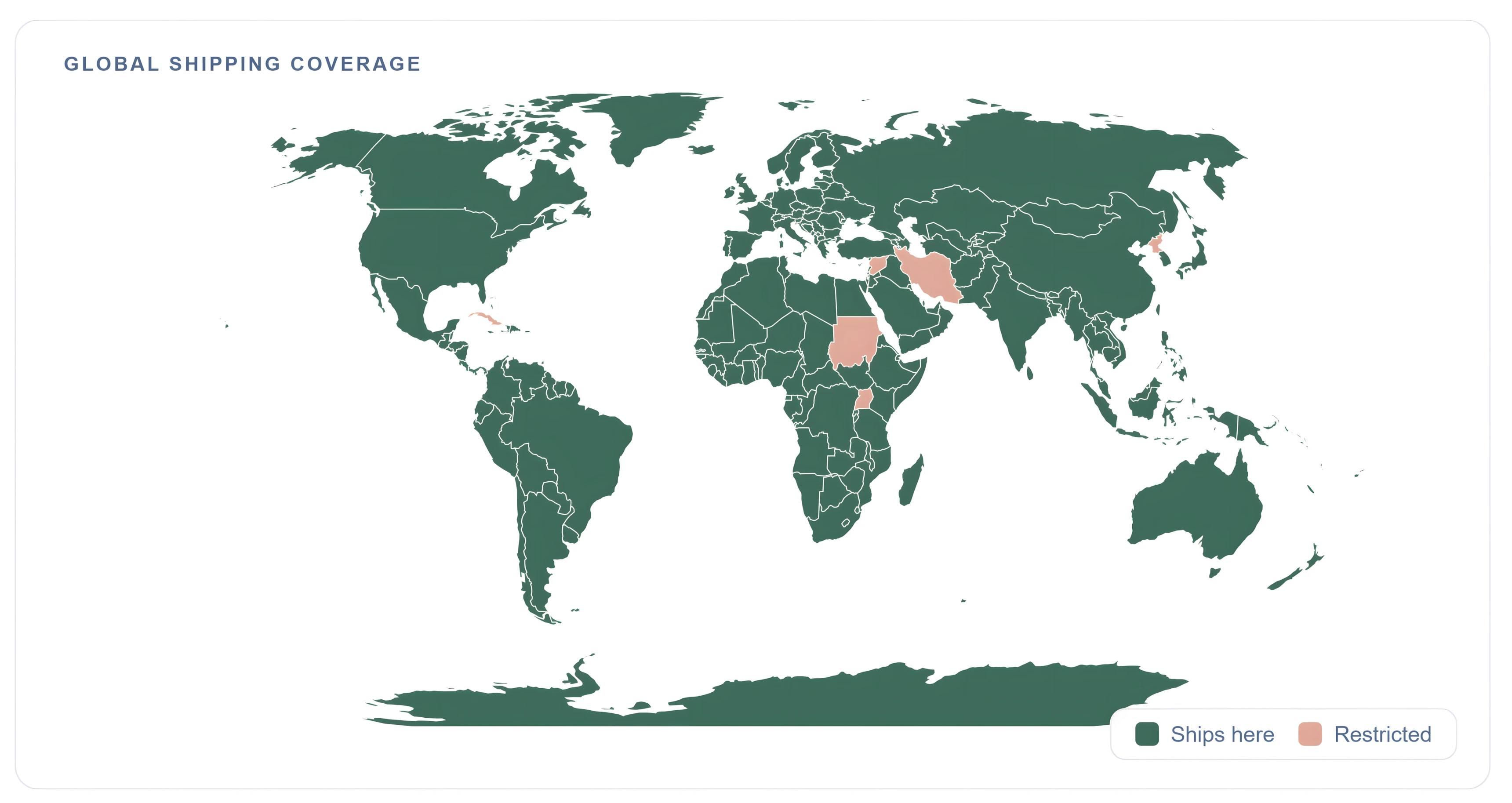 World map showing worldwide shipping coverage with restricted destinations highlighted
