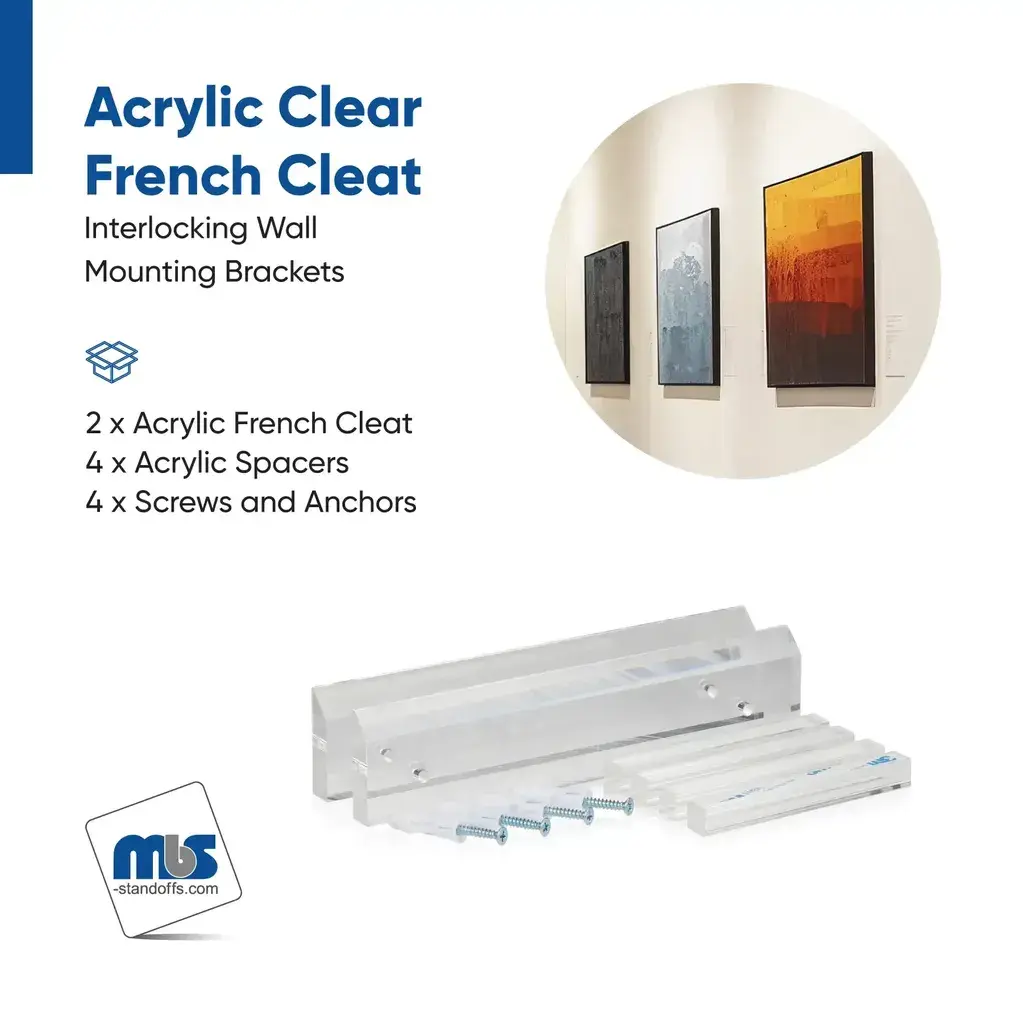 8'' x 1-2'' Thick. Clear Acrylic French Cleat (8'' wide and 3 tall when assembled.)Each Set Included_2x AFC8, 4x AFCS44x Zinc Philips Screw #8 x 1-1-2''4x 1-4'' Plastic Anchor.webp