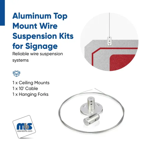 Wire Suspension Kit for Signage - Includes (1) 1/16" x 6' Length Zinc Wire Cable, (1) Top Mount, and (1) Gripper for 3/16" Material, Aluminum Clear Anodized Finish