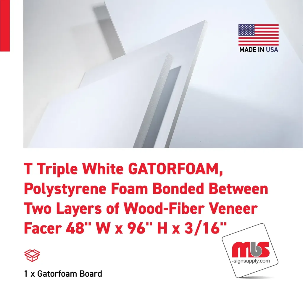 48" W x 96" H x 3/16" T Triple White GATORFOAM, Polystyrene Foam Bonded Between Two Layers of Wood-Fiber Veneer Facer