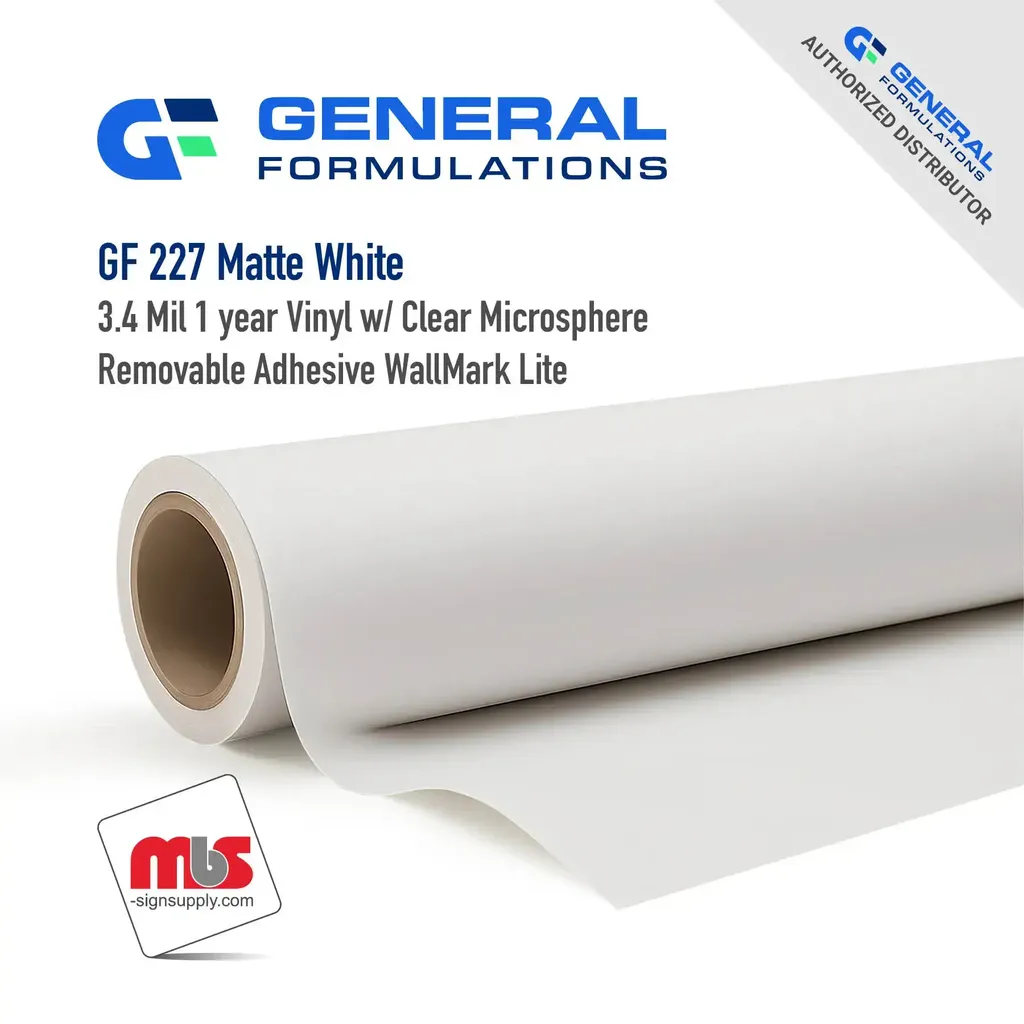 54" x 50 Yard Roll - General Formulations 227 3.4 Mil Matte White 1 year Vinyl w/ Clear Microsphere Removable Adhesive WallMark Lite
