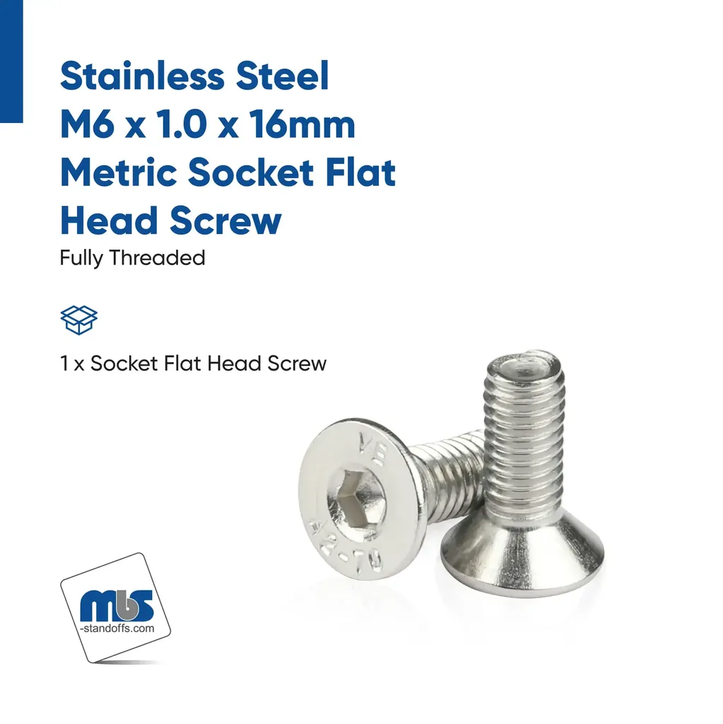 M6 x 1.0 x 16mm Metric Socket Flat Head Screw, Stainless Steel 18-8 (A2), Corrosion Resistant Machine Bolt