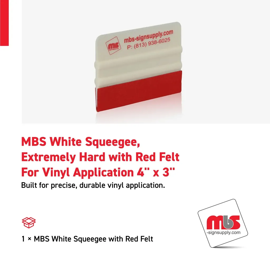MBS 4" x 3" White Squeegee, Extremely Hard with Red Felt For Vinyl Application
