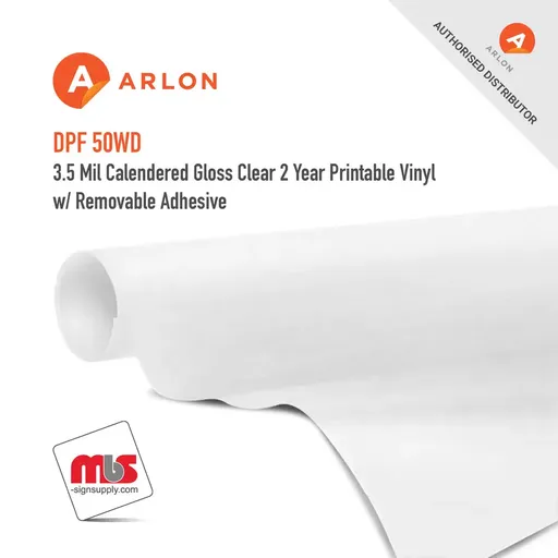 Arlon DPF 50WD Calendered Gloss Clear 2 Year Printable Vinyl w/ Removable Adhesive