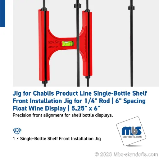 [JR6SF-01] Single-Bottle Shelf Front Installation Jig for 1/4" Rod | 6" Spacing | Float Wine Display | 5.25"x6"