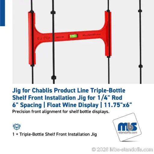 [JR6SF-03] Triple-Bottle Shelf Front Installation Jig for 1/4" Rod | 6" Spacing | Float Wine Display | 11.75"x6"