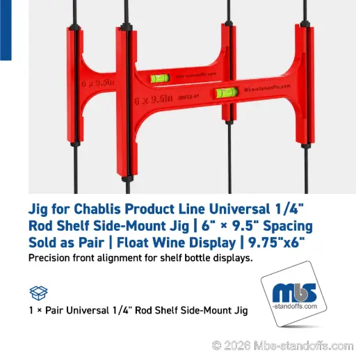 [JR6SS-01] Universal 1/4" Rod Shelf Side-Mount Jig | 6" × 9.5" Spacing | Sold as Pair | Float Wine Display | 9.75"x6"