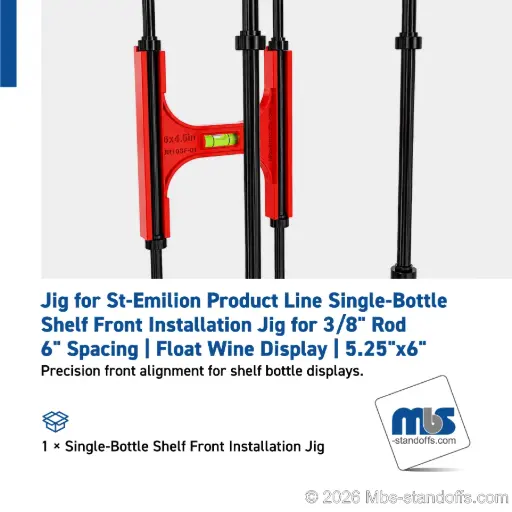 [JR10SF-01] Single-Bottle Shelf Front Installation Jig for 3/8" Rod | 6" Spacing | Float Wine Display | 5.25"x6"