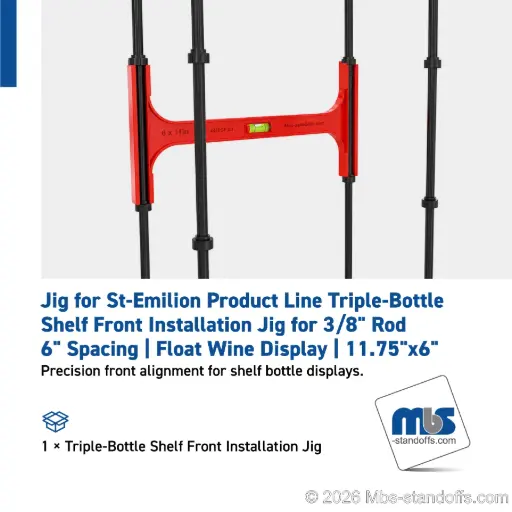 [JR10SF-03] Triple-Bottle Shelf Front Installation Jig for 3/8" Rod | 6" Spacing | Float Wine Display | 11.75"x6"
