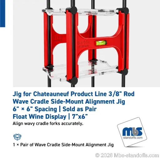 [JR10WS-01] 3/8" Rod Wave Cradle Side-Mount Alignment Jig | 6" × 6" Spacing | Sold as Pair | Float Wine Display | 7"x6"