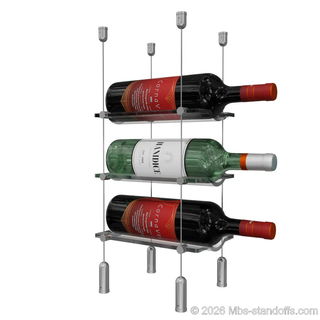 Viognier - Côte-Rôtie Collection Bottle Display Cable Cradle Kit, 3-Bottle Capacity, Floating Cable System, 1-Bottle Wave Acrylic Cradle, Cable: 1/16″ Diameter, 13′-1″ Length with Clear Anodized Hanger