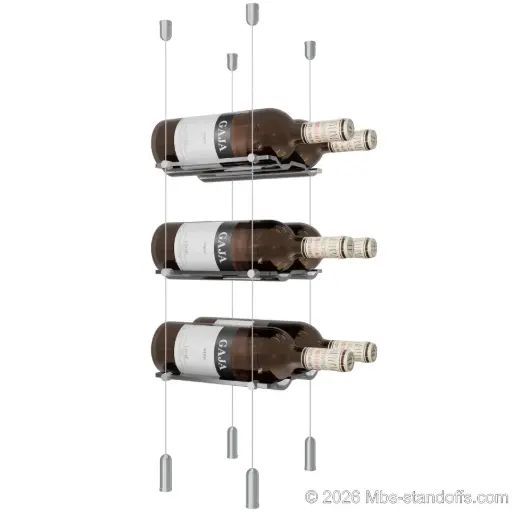 [ACG1904-CW02-K3] Viognier - Côte-Rôtie Collection Bottle Display Cable Cradle Kit, 6-Bottle (2x3) Capacity, Floating Cable System, 2-Bottle Wave Acrylic Cradle, Cable: 1/16″ Diameter, 13′-1″ Length with Clear Anodized Hanger