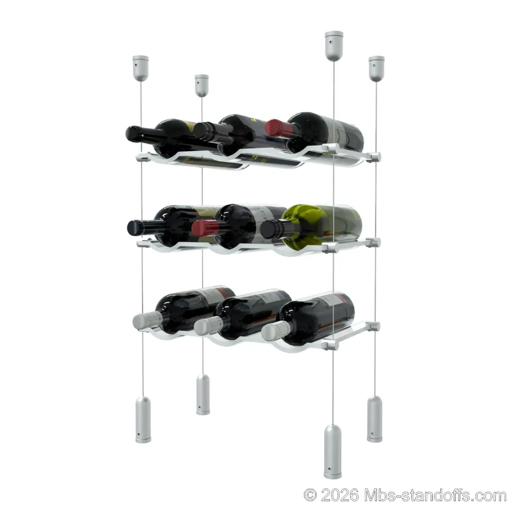Viognier - Côte-Rôtie Collection Bottle Display Cable Cradle Kit, 9-Bottle (3x3) Capacity, Floating Cable System, 3-Bottle Wave Acrylic Cradle, Cable: 1/16″ Diameter, 13′-1″ Length with Clear Anodized Hanger