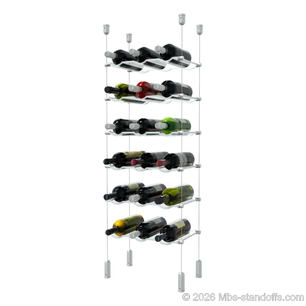 Viognier - Côte-Rôtie Collection Bottle Display Cable Cradle Kit, 18-Bottle (3x6) Capacity, Floating Cable System, 3-Bottle Wave Acrylic Cradle, Cable: 1/16″ Diameter, 13′-1″ Length with Clear Anodized Hanger