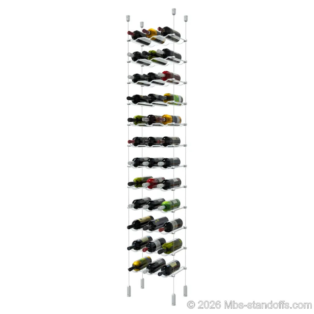 Viognier - Côte-Rôtie Collection Bottle Display Cable Cradle Kit, 36-Bottle (3x12) Capacity, Floating Cable System, 3-Bottle Wave Acrylic Cradle, Cable: 1/16″ Diameter, 13′-1″ Length with Clear Anodized Hanger