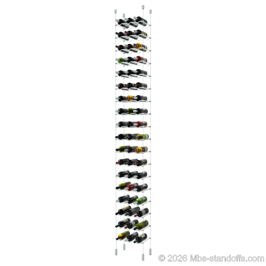 Viognier - Côte-Rôtie Collection Bottle Display Cable Cradle Kit, 54-Bottle (3x18) Capacity, Floating Cable System, 3-Bottle Wave Acrylic Cradle, Cable: 1/16″ Diameter, 13′-1″ Length with Clear Anodized Hanger