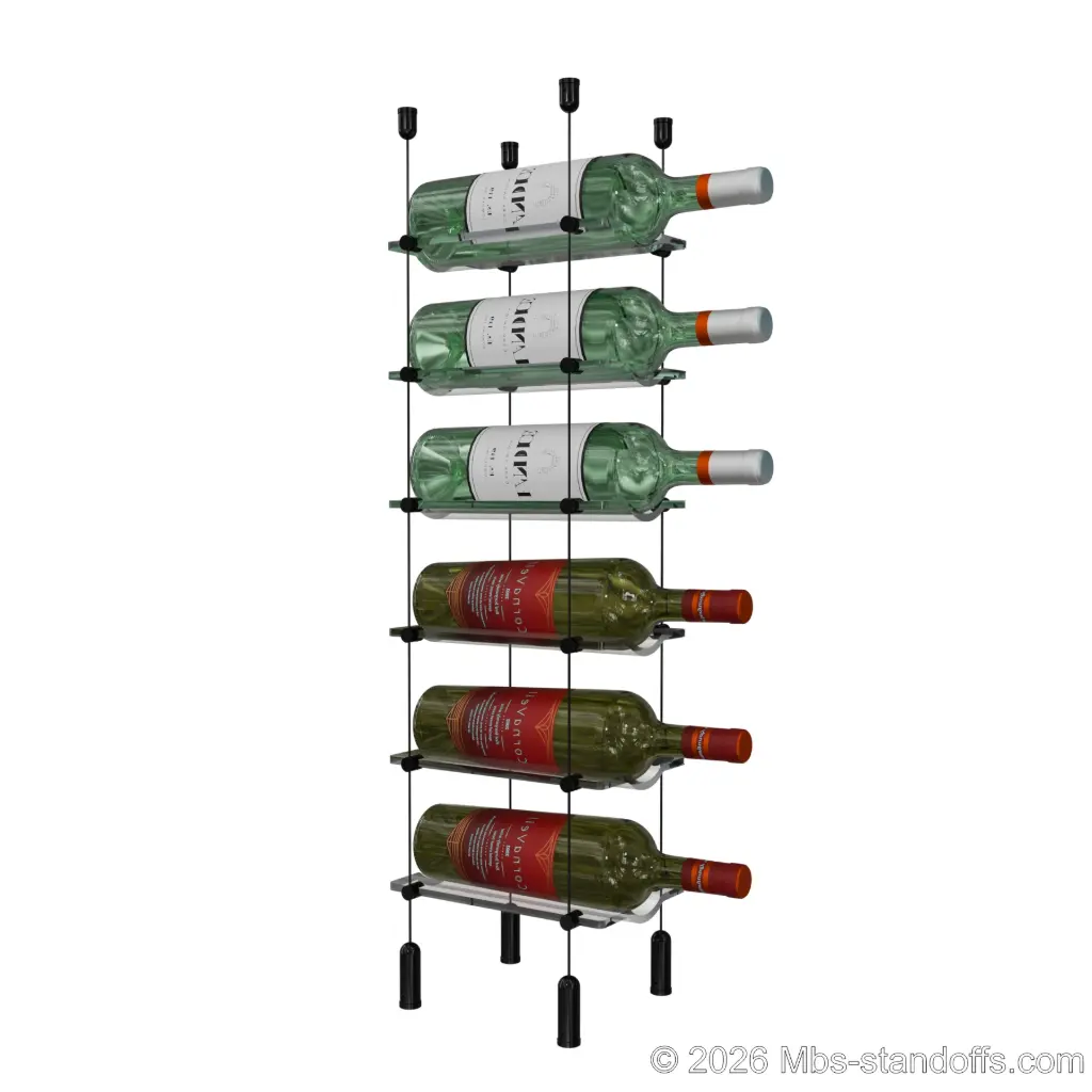 Viognier - Côte-Rôtie Collection Bottle Display Cable Cradle Kit, 6-Bottle Capacity, Floating Cable System, 1-Bottle Wave Acrylic Cradle, Cable: 1/16″ Diameter, 13′-1″ Length with Matte Black Anodized Hanger