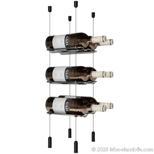[ACG1904MB-CW02-K3] Viognier - Côte-Rôtie Collection Bottle Display Cable Cradle Kit, 6-Bottle (2x3) Capacity, Floating Cable System, 2-Bottle Wave Acrylic Cradle, Cable: 1/16″ Diameter, 13′-1″ Length with Matte Black Anodized Hanger
