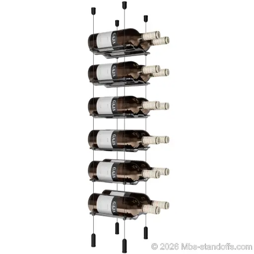 [ACG1904MB-CW02-K6] Viognier - Côte-Rôtie Collection Bottle Display Cable Cradle Kit, 12-Bottle (2x6) Capacity, Floating Cable System, 2-Bottle Wave Acrylic Cradle, Cable: 1/16″ Diameter, 13′-1″ Length with Matte Black Anodized Hanger