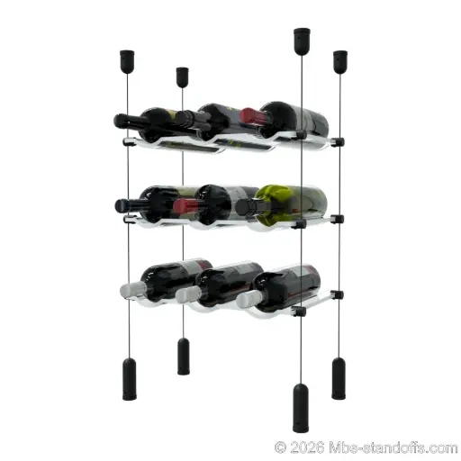 [ACG1904MB-CW03-K3] Viognier - Côte-Rôtie Collection Bottle Display Cable Cradle Kit, 9-Bottle (3x3) Capacity, Floating Cable System, 3-Bottle Wave Acrylic Cradle, Cable: 1/16″ Diameter, 13′-1″ Length with Matte Black Anodized Hanger