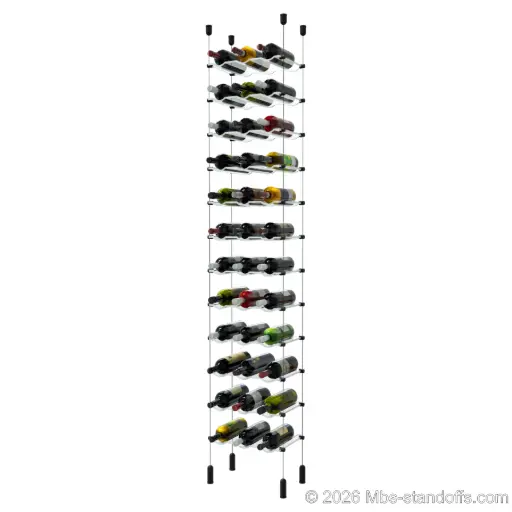 [ACG1904MB-CW03-K12] Viognier - Côte-Rôtie Collection Bottle Display Cable Cradle Kit, 36-Bottle (3x12) Capacity, Floating Cable System, 3-Bottle Wave Acrylic Cradle, Cable: 1/16″ Diameter, 13′-1″ Length with Matte Black Anodized Hanger