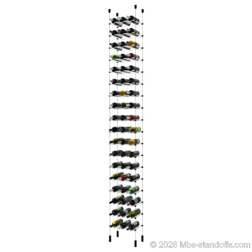 [ACG1904MB-CW03-K18] Viognier - Côte-Rôtie Collection Bottle Display Cable Cradle Kit, 54-Bottle (3x18) Capacity, Floating Cable System, 3-Bottle Wave Acrylic Cradle, Cable: 1/16″ Diameter, 13′-1″ Length with Matte Black Anodized Hanger