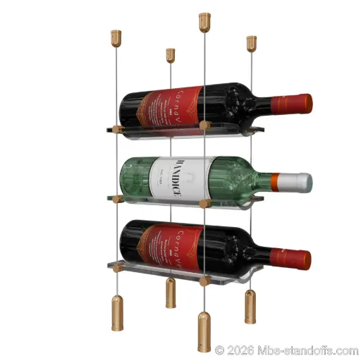[ACG1904BR-CW01-K3] Viognier - Côte-Rôtie Collection Bottle Display Cable Cradle Kit, 3-Bottle Capacity, Floating Cable System, 1-Bottle Wave Acrylic Cradle, Cable: 1/16″ Diameter, 13′-1″ Length with Champagne Anodized Hanger