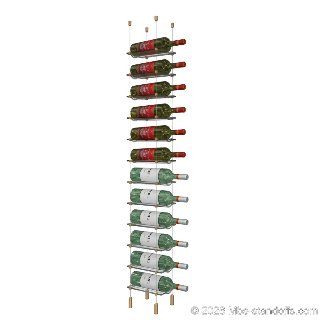 Viognier - Côte-Rôtie Collection Bottle Display Cable Cradle Kit, 12-Bottle Capacity, Floating Cable System, 1-Bottle Wave Acrylic Cradle, Cable: 1/16″ Diameter, 13′-1″ Length with Champagne Anodized Hanger