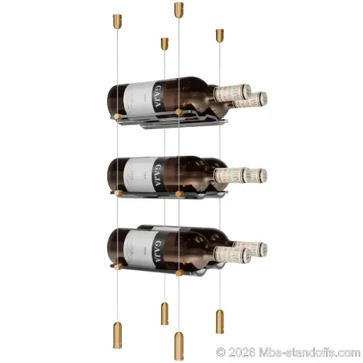[ACG1904BR-CW02-K3] Viognier - Côte-Rôtie Collection Bottle Display Cable Cradle Kit, 6-Bottle (2x3) Capacity, Floating Cable System, 2-Bottle Wave Acrylic Cradle, Cable: 1/16″ Diameter, 13′-1″ Length with Champagne Anodized Hanger
