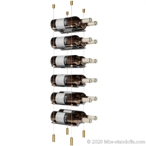 [ACG1904BR-CW02-K6] Viognier - Côte-Rôtie Collection Bottle Display Cable Cradle Kit, 12-Bottle (2x6) Capacity, Floating Cable System, 2-Bottle Wave Acrylic Cradle, Cable: 1/16″ Diameter, 13′-1″ Length with Champagne Anodized Hanger