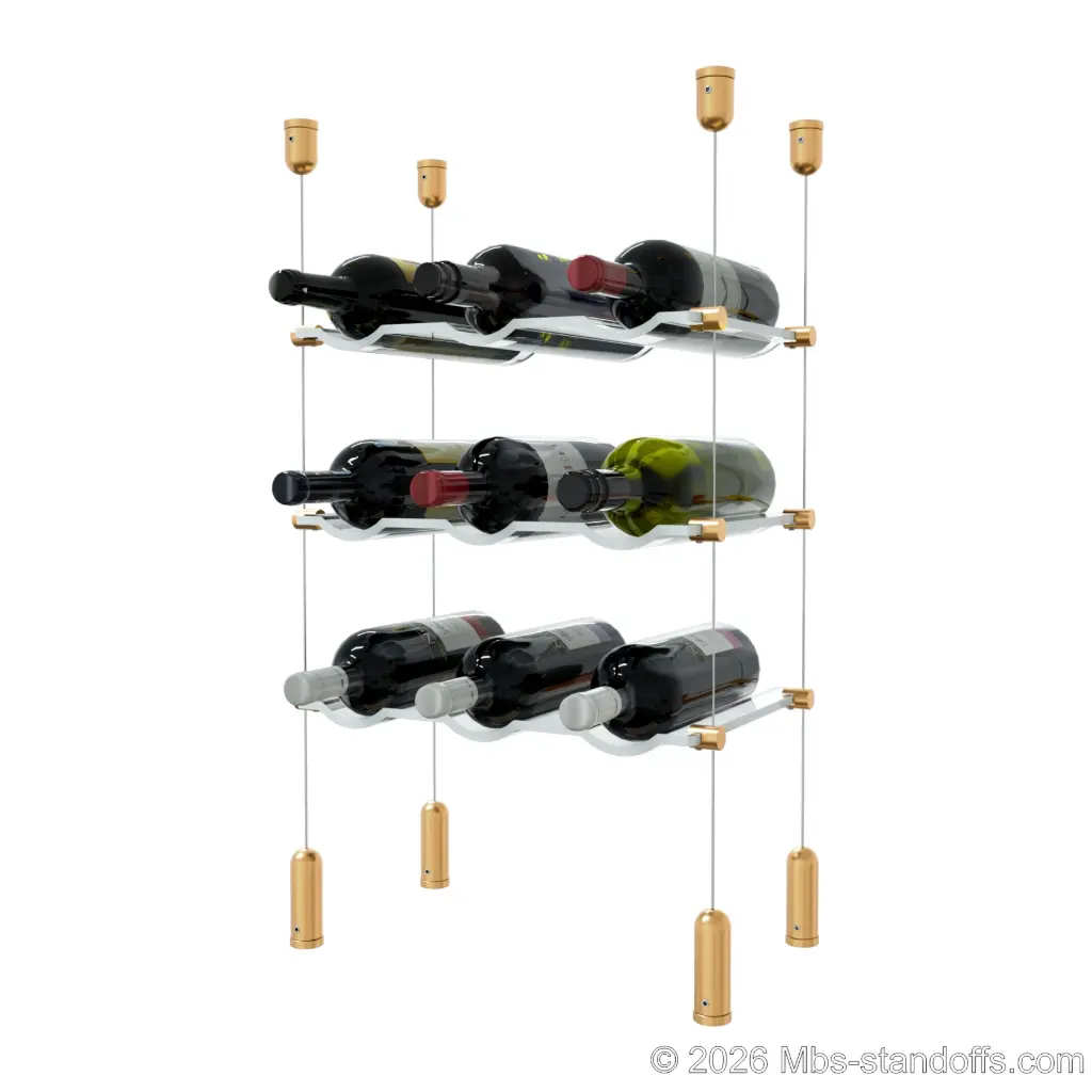 Viognier - Côte-Rôtie Collection Bottle Display Cable Cradle Kit, 9-Bottle (3x3) Capacity, Floating Cable System, 3-Bottle Wave Acrylic Cradle, Cable: 1/16″ Diameter, 13′-1″ Length with Champagne Anodized Hanger