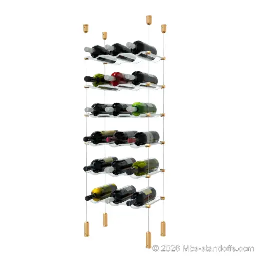 [ACG1904BR-CW03-K6] Viognier - Côte-Rôtie Collection Bottle Display Cable Cradle Kit, 18-Bottle (3x6) Capacity, Floating Cable System, 3-Bottle Wave Acrylic Cradle, Cable: 1/16″ Diameter, 13′-1″ Length with Champagne Anodized Hanger