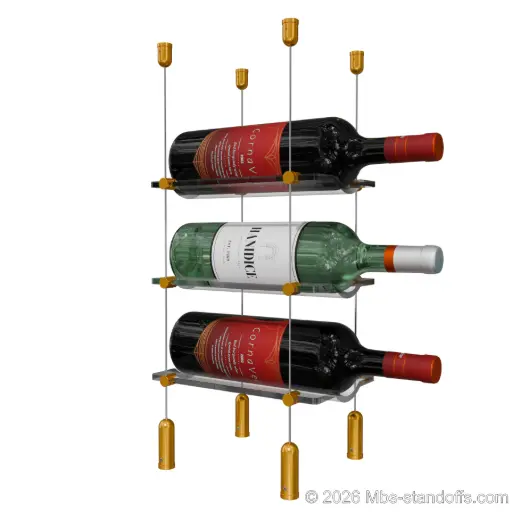 [ACG1904G-CW01-K3] Viognier - Côte-Rôtie Collection Bottle Display Cable Cradle Kit, 3-Bottle Capacity, Floating Cable System, 1-Bottle Wave Acrylic Cradle, Cable: 1/16″ Diameter, 13′-1″ Length with Gold Anodized Hanger