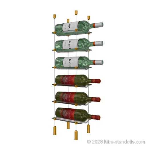 [ACG1904G-CW01-K6] Viognier - Côte-Rôtie Collection Bottle Display Cable Cradle Kit, 6-Bottle Capacity, Floating Cable System, 1-Bottle Wave Acrylic Cradle, Cable: 1/16″ Diameter, 13′-1″ Length with Gold Anodized Hanger