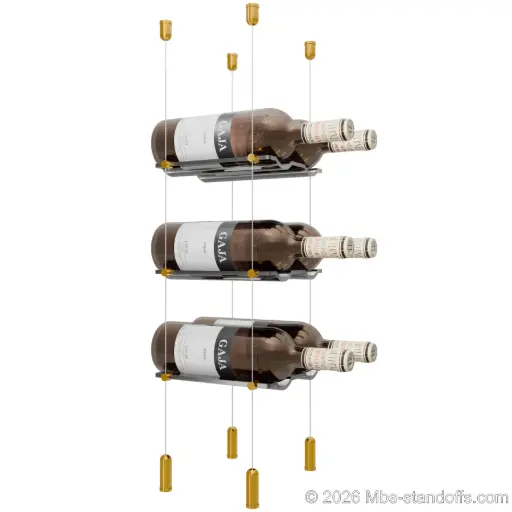 [ACG1904G-CW02-K3] Viognier - Côte-Rôtie Collection Bottle Display Cable Cradle Kit, 6-Bottle (2x3) Capacity, Floating Cable System, 2-Bottle Wave Acrylic Cradle, Cable: 1/16″ Diameter, 13′-1″ Length with Gold Anodized Hanger