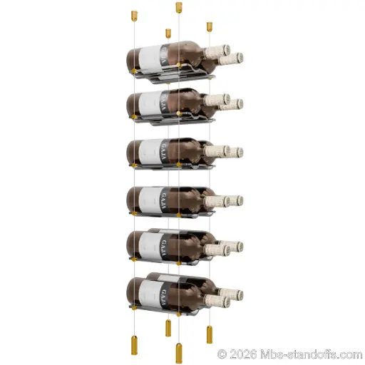 [ACG1904G-CW02-K6] Viognier - Côte-Rôtie Collection Bottle Display Cable Cradle Kit, 12-Bottle (2x6) Capacity, Floating Cable System, 2-Bottle Wave Acrylic Cradle, Cable: 1/16″ Diameter, 13′-1″ Length with Gold Anodized Hanger
