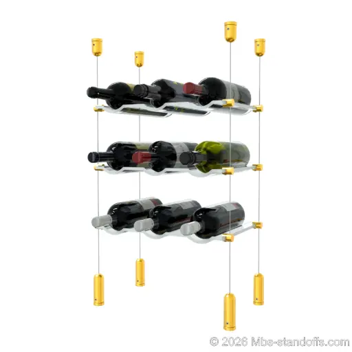[ACG1904G-CW03-K3] Viognier - Côte-Rôtie Collection Bottle Display Cable Cradle Kit, 9-Bottle (3x3) Capacity, Floating Cable System, 3-Bottle Wave Acrylic Cradle, Cable: 1/16″ Diameter, 13′-1″ Length with Gold Anodized Hanger
