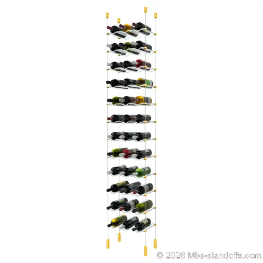 [ACG1904G-CW03-K12] Viognier - Côte-Rôtie Collection Bottle Display Cable Cradle Kit, 36-Bottle (3x12) Capacity, Floating Cable System, 3-Bottle Wave Acrylic Cradle, Cable: 1/16″ Diameter, 13′-1″ Length with Gold Anodized Hanger
