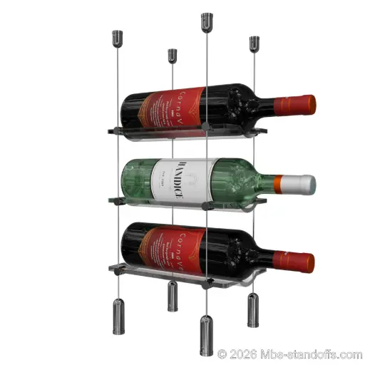 [ACG1904CP-CW01-K3] Viognier - Côte-Rôtie Collection Bottle Display Cable Cradle Kit, 3-Bottle Capacity, Floating Cable System, 1-Bottle Wave Acrylic Cradle, Cable: 1/16″ Diameter, 13′-1″ Length with Chrome Mirror Hanger
