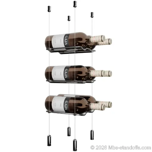 [ACG1904CP-CW02-K3] Viognier - Côte-Rôtie Collection Bottle Display Cable Cradle Kit, 6-Bottle (2x3) Capacity, Floating Cable System, 2-Bottle Wave Acrylic Cradle, Cable: 1/16″ Diameter, 13′-1″ Length with Chrome Mirror Hanger