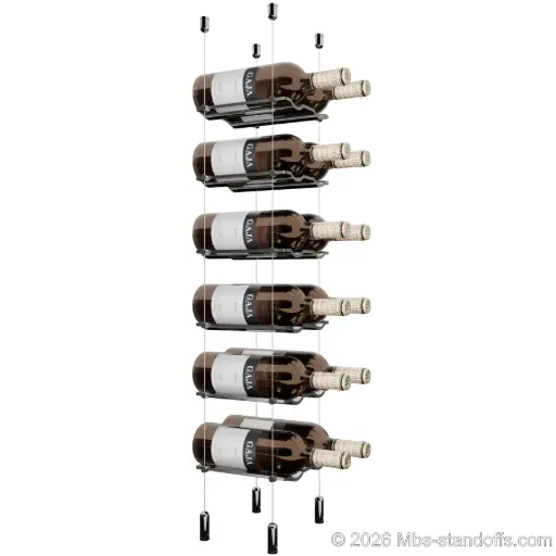 [ACG1904CP-CW02-K6] Viognier - Côte-Rôtie Collection Bottle Display Cable Cradle Kit, 12-Bottle (2x6) Capacity, Floating Cable System, 2-Bottle Wave Acrylic Cradle, Cable: 1/16″ Diameter, 13′-1″ Length with Chrome Mirror Hanger