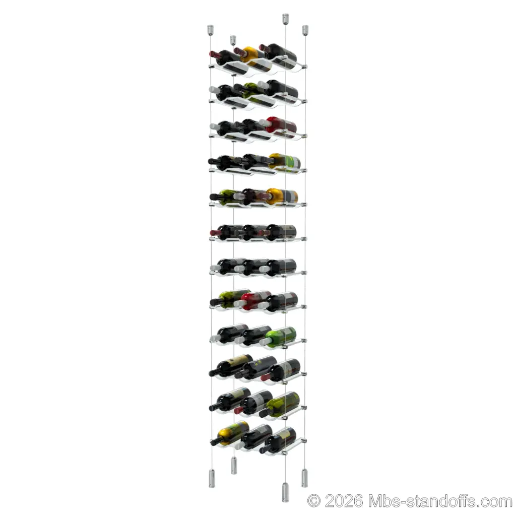 Viognier - Côte-Rôtie Collection Bottle Display Cable Cradle Kit, 36-Bottle (3x12) Capacity, Floating Cable System, 3-Bottle Wave Acrylic Cradle, Cable: 1/16″ Diameter, 13′-1″ Length with Chrome Mirror Hanger