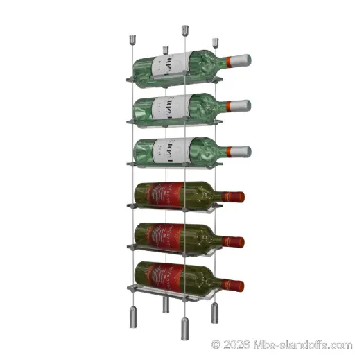 [SCG1904-CW01-K6] Viognier - Côte-Rôtie Collection Bottle Display Cable Cradle Kit, 6-Bottle Capacity, Floating Cable System, 1-Bottle Wave Acrylic Cradle, Cable: 1/16″ Diameter, 13′-1″ Length with Satin Brushed Hanger