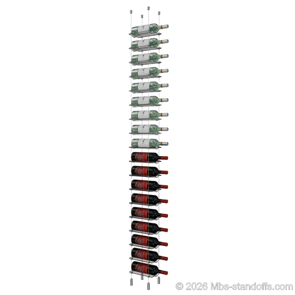 Viognier - Côte-Rôtie Collection Bottle Display Cable Cradle Kit, 18-Bottle Capacity, Floating Cable System, 1-Bottle Wave Acrylic Cradle, Cable: 1/16″ Diameter, 13′-1″ Length with Satin Brushed Hanger
