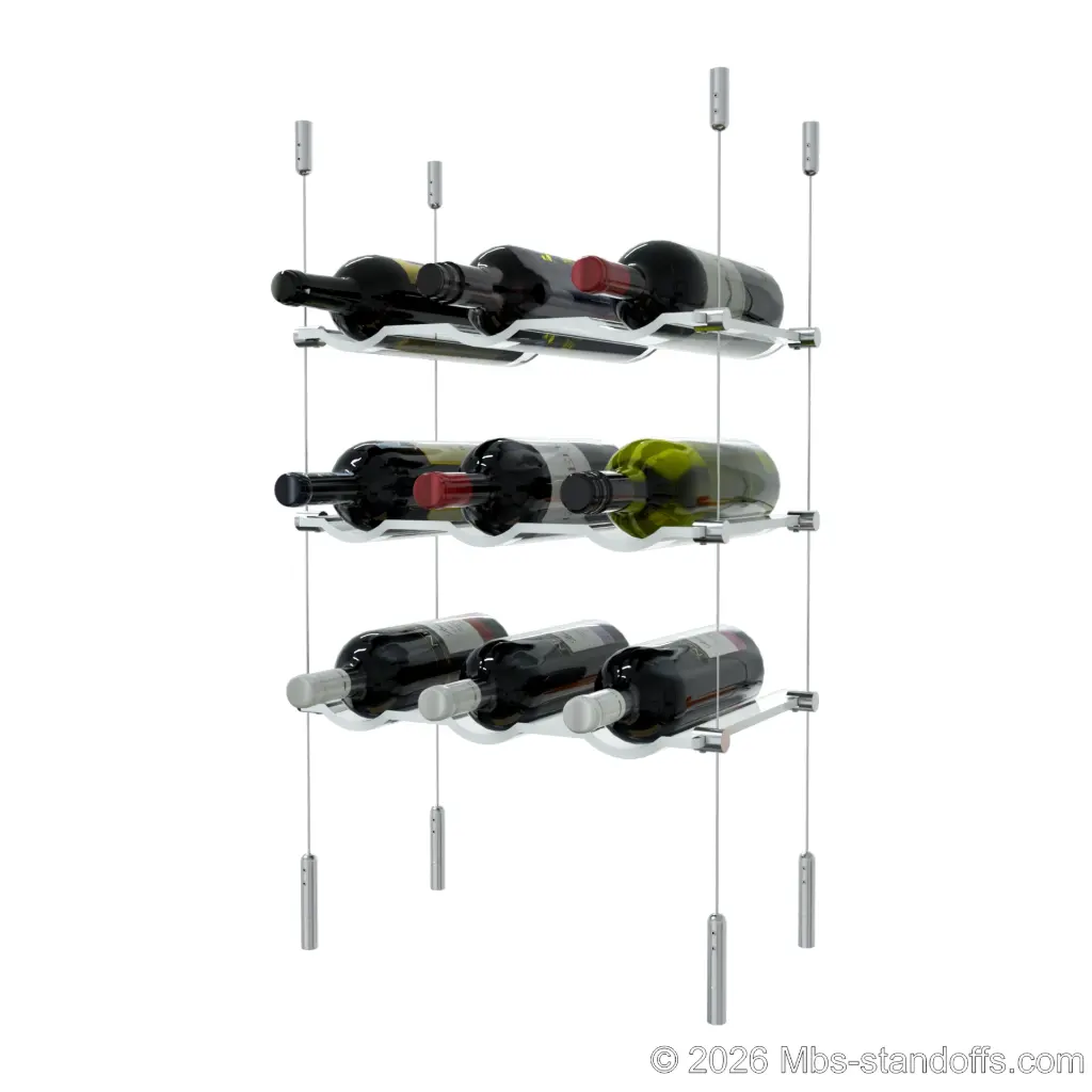 Viognier - Côte-Rôtie Collection Bottle Display Cable Cradle Kit, 9-Bottle (3x3) Capacity, Floating Cable System, 3-Bottle Wave Acrylic Cradle, Cable: 1/16″ Diameter, 13′-1″ Length with Satin Brushed Hanger