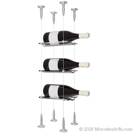 [SCS15A-CW01-K3] Viognier - Condrieu Collection Bottle Display Cable Cradle Kit, 3-Bottle Capacity, Floating Cable System, 1-Bottle Wave Acrylic Cradle, Cable: 1/16″ Diameter, 13′-1″ Length with Clear Anodized Hanger