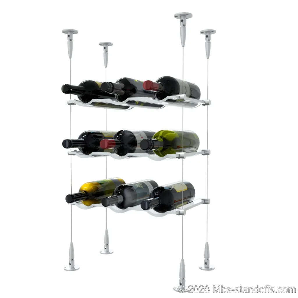Viognier - Condrieu Collection Bottle Display Cable Cradle Kit, 9-Bottle (3x3) Capacity, Floating Cable System, 3-Bottle Wave Acrylic Cradle, Cable: 1/16″ Diameter, 13′-1″ Length with Clear Anodized Hanger