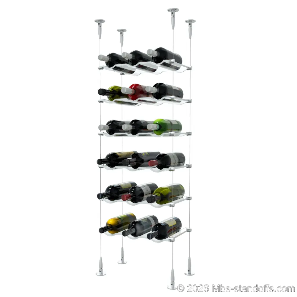 Viognier - Condrieu Collection Bottle Display Cable Cradle Kit, 18-Bottle (3x6) Capacity, Floating Cable System, 3-Bottle Wave Acrylic Cradle, Cable: 1/16″ Diameter, 13′-1″ Length with Clear Anodized Hanger