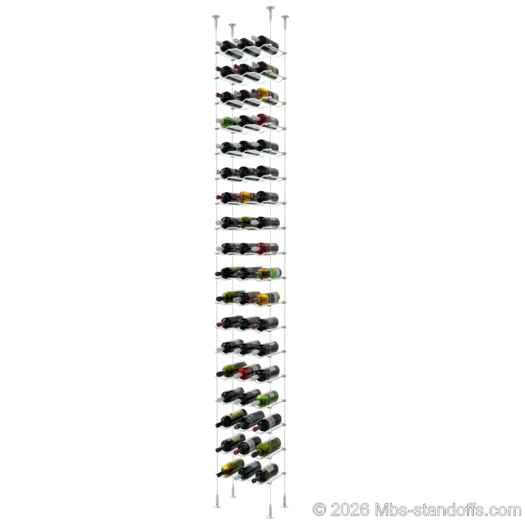 Viognier - Condrieu Collection Bottle Display Cable Cradle Kit, 54-Bottle (3x18) Capacity, Floating Cable System, 3-Bottle Wave Acrylic Cradle, Cable: 1/16″ Diameter, 13′-1″ Length with Clear Anodized Hanger