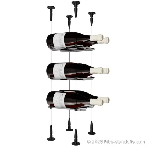 [SCS15MB-CW02-K3] Viognier - Condrieu Collection Bottle Display Cable Cradle Kit, 6-Bottle (2x3) Capacity, Floating Cable System, 2-Bottle Wave Acrylic Cradle, Cable: 1/16″ Diameter, 13′-1″ Length with Matte Black Anodized Hanger